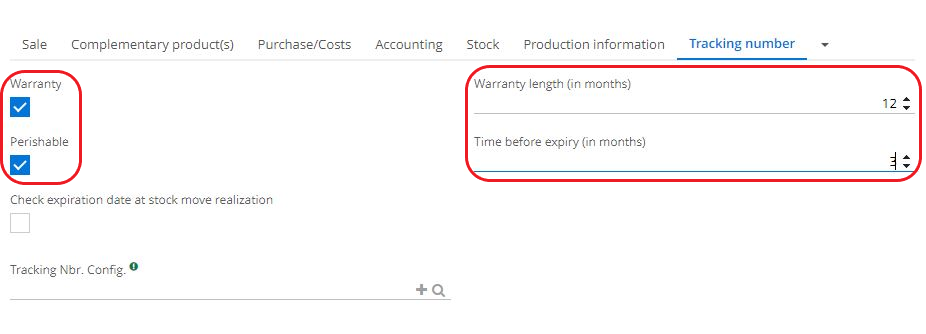 1.1 Tick the Warranty box if the product is subject to a warranty, and then fill in the duration of the warranty in months. You can also tick the Perishable box. If this box is ticked, the Time before expiry (months) field will appear.